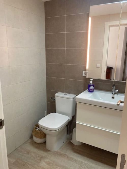 Baño moderno en ML Apartments con inodoro blanco, lavamanos, espejo y paredes alicatadas