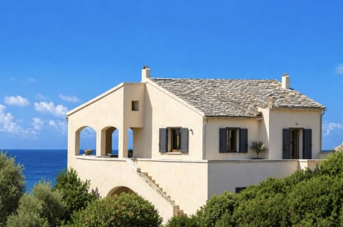 Villa méditerranéenne couleur crème avec portique en arche surplombant la mer bleue à Centuri, Corse