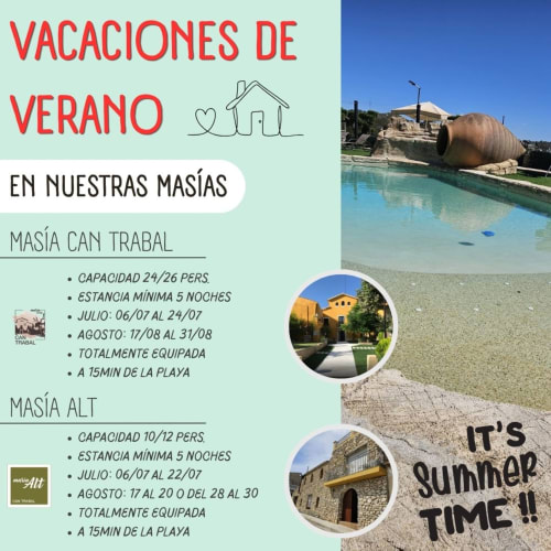 Cartel de vacaciones de verano de Masías Can Trabal y Alt en Olerdola con vistas a piscina frente al mar