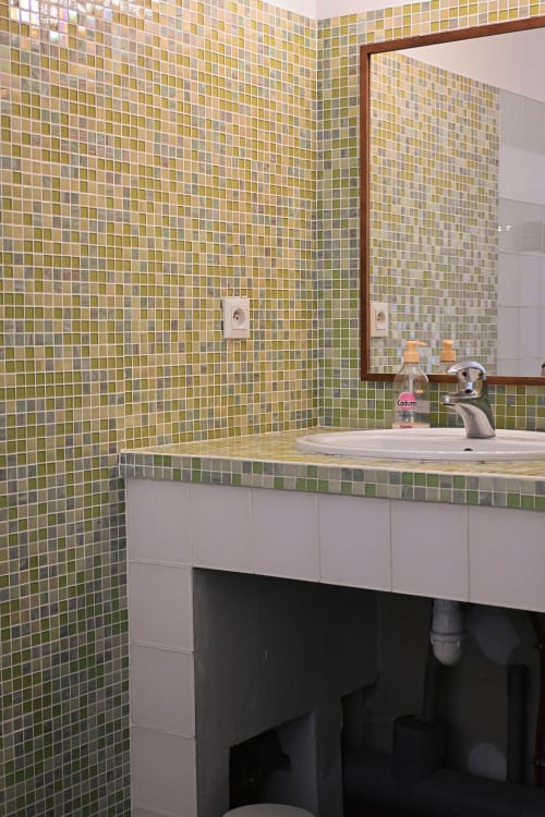 Salle de bains moderne au Mas De La Digue avec carrelage mosaïque vert, vasque blanche et miroir à cadre en bois