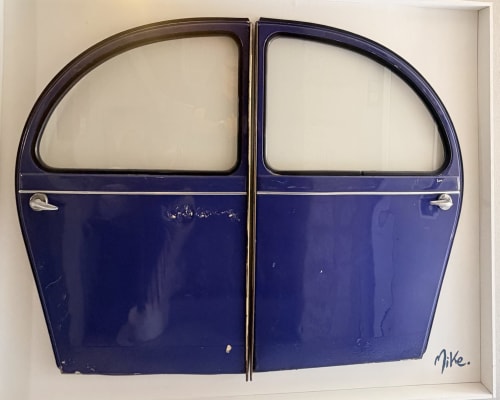Pair of vintage blue car doors displayed in Hôtel La Suite, Villeneuve-lès-Avignon