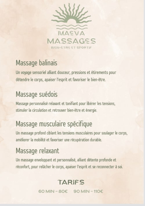 MAEVA Massagemenü im La Maison de la Colline, Vers Frankreich - Balinesische, schwedische und Entspannungsmassagen mit Preisen