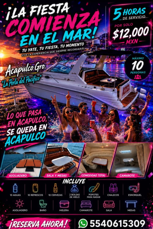 Fiesta en barco en Acapulco con yate, invitados bailando, luces de neón, paquete de 5 horas por $12,000 MXN