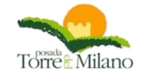 Logo del hotel Posada Torre del Milano con rama verde y sol naranja, Comillas