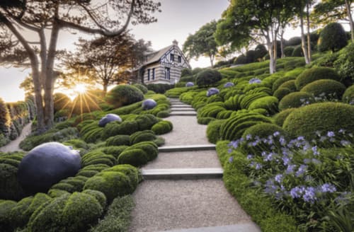 Manicured garden path with topiary hedges and blue flowers leading to half-timbered manor at Clos Céleste, Étretat