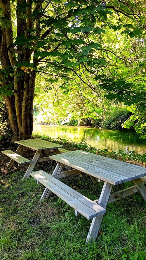 Tables de pique-nique en bois sous des arbres feuillus au bord d'une rivière paisible au Domaine Alga, Bourg-Charente.