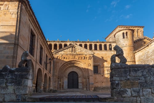 Historic stone church with Romanesque architecture in Comillas, Spain near Posada Torre del Milano