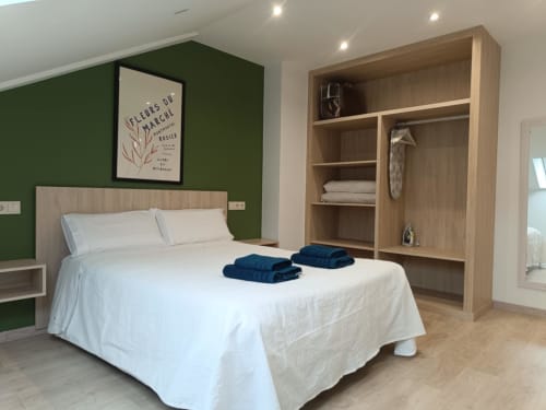 Dormitorio moderno en Avio Apartamentos de Santiago de Compostela con pared verde, cama de madera y armario empotrado