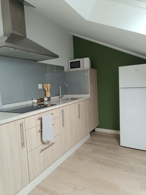 Cocina moderna en apartamento de Santiago de Compostela con muebles de madera clara, backsplash gris y pared de acento verde