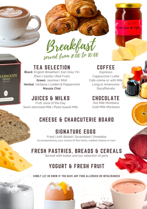 Loup Castel B&B breakfast menu featuring coffee, pastries, eggs, cheese, and fresh fruit served 8-10am