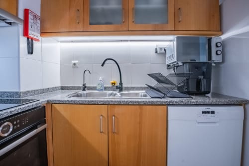 Moderne Küche mit Holzschränken, Granitarbeitsplatte, Spüle, Geschirrspüler und Kaffeemaschine im EcoHost OceanLeaf Apartment