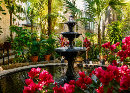 Fuente en patio tropical rodeada de vibrantes flores rosas y exuberantes palmeras en Villa Merida Boutique Hotel, Mérida México