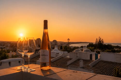 Momento de vinho ao pôr do sol na varanda de um apartamento no Algarve com vistas para o mar e edifícios com telhados brancos
