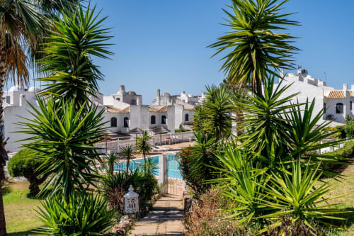 Edifícios brancos de resort mediterrânico com palmeiras, área de piscina e vista para o mar em AlgarStays Algarve