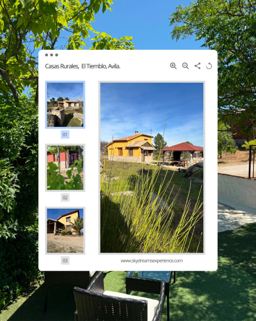Casa rural amarilla en Sky Dreams Experience, El Tiemblo, Ávila con estanque y juncos verdes
