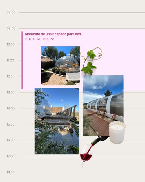 Itinerario de la experiencia Sky Dreams con domo de burbujas, piscina y degustación de vinos en El Tiemblo