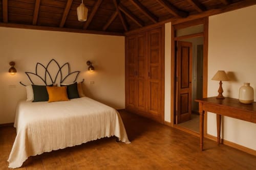 Dormitorio Nexus villa en Rural La Palma con cabecero de loto, muebles de madera, ropa de cama crema y suelo de parqué