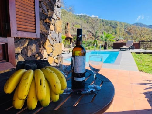 Botella de vino y plátanos sobre la mesa en Villa El Topo con vistas a la piscina y las montañas, La Palma
