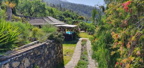 Camino ajardinado que conduce a Villa El Topo con vistas a las montañas y techumbre tradicional en El Pinillo