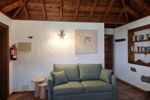 Acogedora sala de estar con sofá verde, techo con vigas de madera y estantería en el apartamento Villa El Topo de Rural La Palma, El