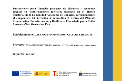 Documento de subvención para Culture Sailing SL en Yaiza, Canarias - Proyecto de turismo de economía circular financiado por la UE