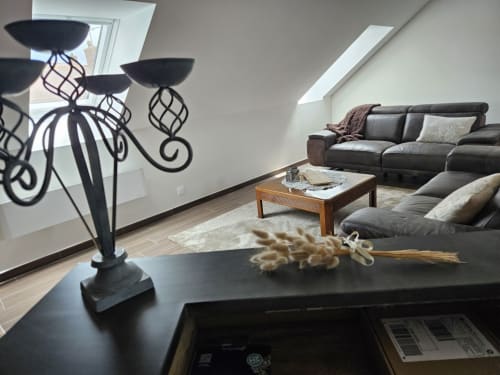 Salon moderne de l'appartement Cap à l'Ouest au Clos De La Côte D'émeraude, Saint-Benoît-des-Ondes, avec canapé sombre