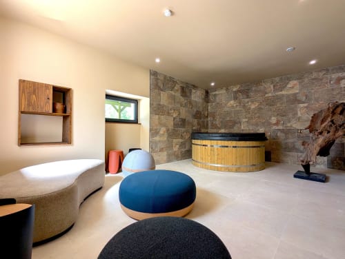 Spa Domaine Alga avec sièges courbes, bain chaud en bois, murs en pierre et équipements modernes à Bourg-Charente