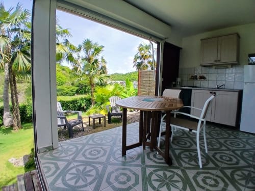 Ti Village Créole studio terrace with garden view, dining table, kitchen, and tropical palms in Sainte-Anne, Guadeloupe