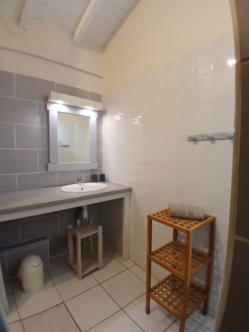 Modern bathroom with sink, mirror, and wooden shelf in Ti Village Créole bungalow, Sainte-Anne