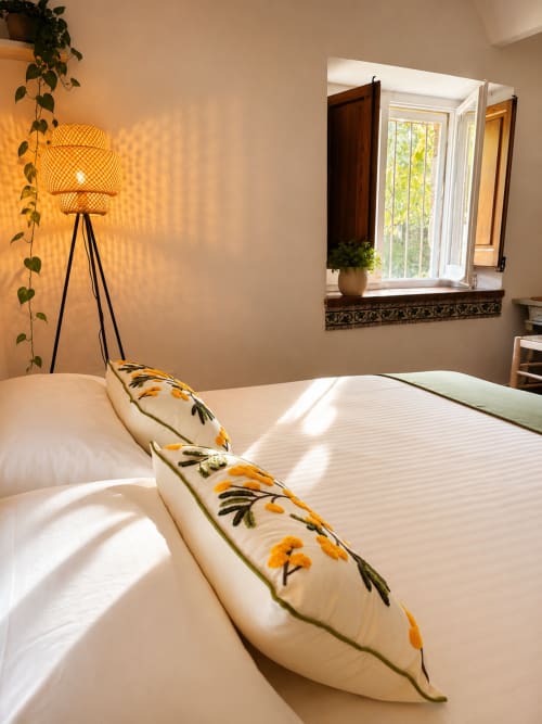 Dormitori lluminós a l'hotel Mas Ribas amb coixins brodats, llum de peu i vistes al jardí a Palamós