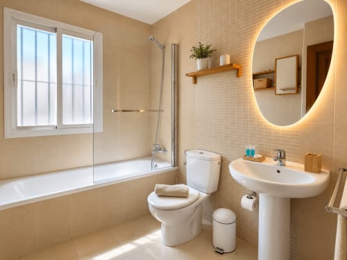 Baño moderno en Apartamentos Living Sur de Sanlúcar de Barrameda con bañera, lavabo, inodoro y espejo iluminado