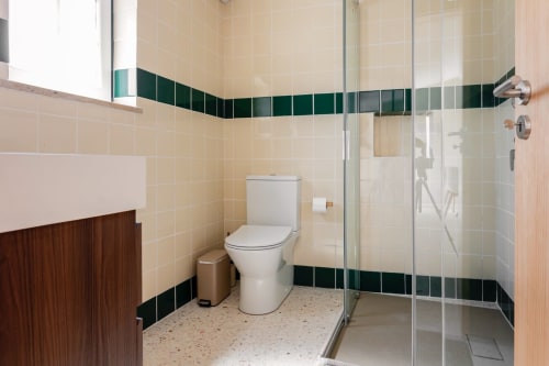 Banheiro moderno no apartamento da FC Housing Company, Abrantes Portugal, com duche de grande dimensão, sanita e acabamentos em azulejo verde escuro