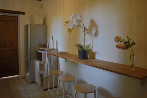 Cuisine moderne avec comptoir en bois, orchidée blanche, tabourets de bar et appareils en acier inoxydable au gîte Le Moulin Garnier
