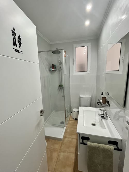 Baño moderno del apartamento Pataconablue Rentals Valencia con ducha, lavamanos, inodoro y ventanas translúcidas