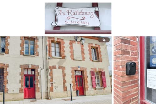 Au Richebourg, maison d'hôtes à Nogent-sur-Seine avec portes rouges, façade en brique et enseigne