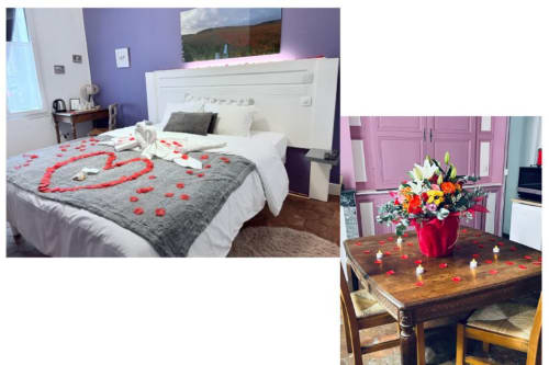 Chambre romantique à l'Au Richebourg Nogent B&B décorée de pétales de rose et d'arrangements floraux pour occasions spéciales