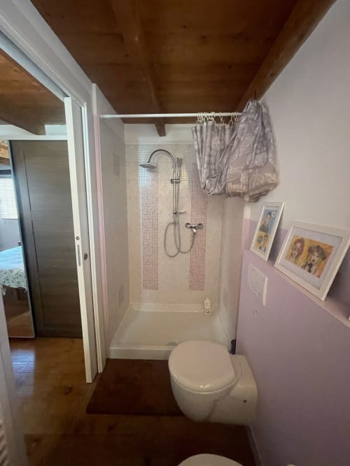 Bagno moderno nell'appartamento Casa Poleo presso Casa Carmelo B&B, Schio, Italia, con doccia, wc e pareti rosa