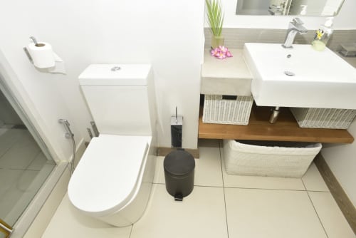 Modern bathroom at Unik Properties beachfront apartment in Pointe d'Esny with white toilet, dual sinks, and decorative