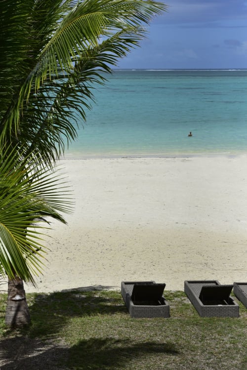 Tropical beach view at Unik Properties Pointe d'Esny with palm fronds, white sand, turquoise ocean, and lounge chairs