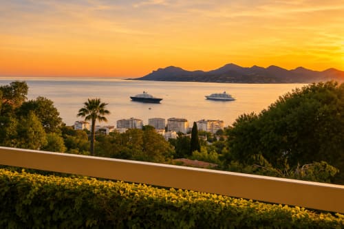 Golden sunset over Cannes bay with cruise ships, Mediterranean Sea, and Esterel Mountains from Californie viewpoint