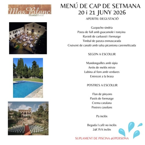 Menú de fin de semana Mas Blanc Hostal Rural 20-21 de junio de 2026, cocina española y detalles del lugar en Barcelona.