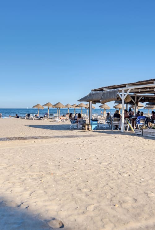 Beach scene at Pataconablue Rentals Valencia with sandy shore, thatched umbrellas, and beachfront pavilion seating