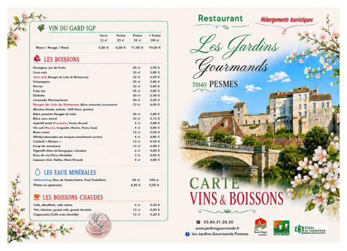La carte des vins et boissons du restaurant Les Jardins Gourmands à Pesmes, France