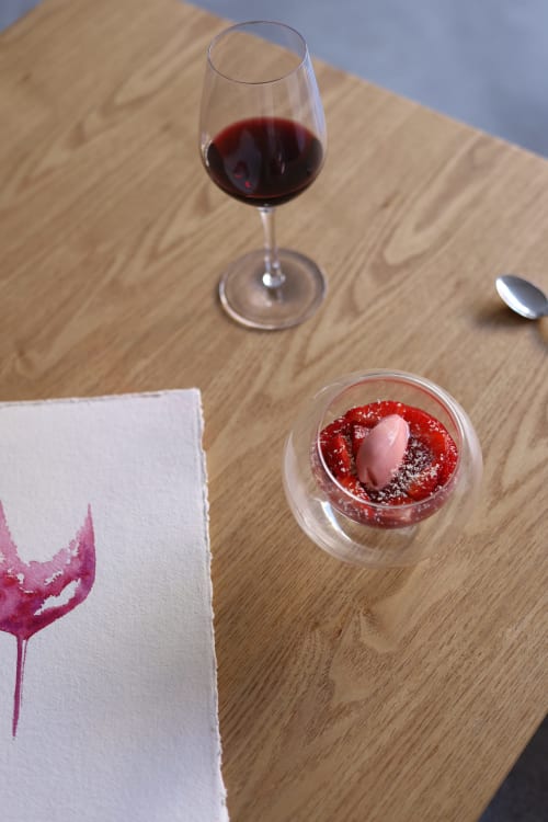 Red wine and gourmet dessert at Hotel Fragile, Ciutadella de Menorca, fine dining presentation