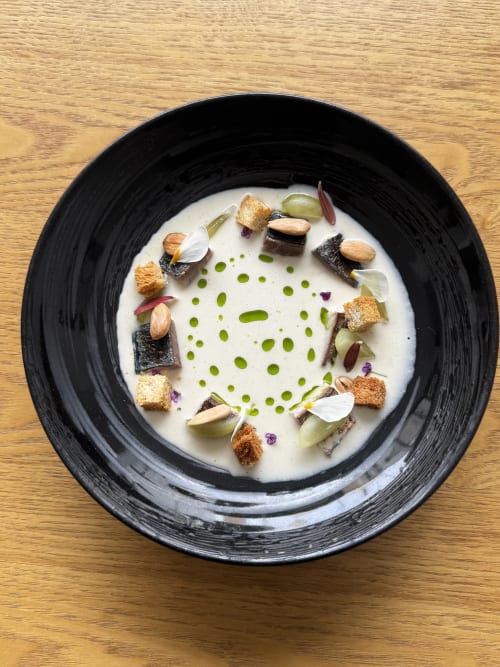 Gourmet plated dish at Hotel Fragile Ciutadella de Menorca featuring white cream sauce, roasted vegetables, crispy croutons,