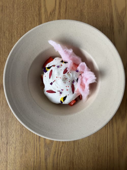 Elegant plated dessert at Hotel Fragile in Menorca with whipped cream, pink cotton candy, and edible flowers on white ceramic