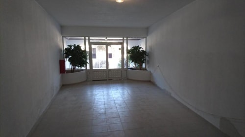 Entrada de apartamento moderno vazio na Albufeira Inn com piso em azulejos, paredes brancas, grandes janelas e plantas em vasos perto de vidro