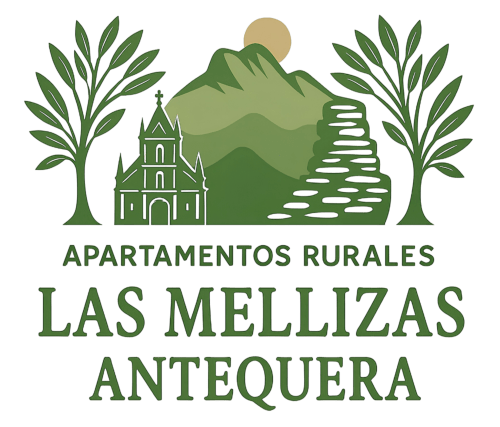 Logo de apartamentos rurales Las Mellizas Antequera con iglesia, montañas y árboles