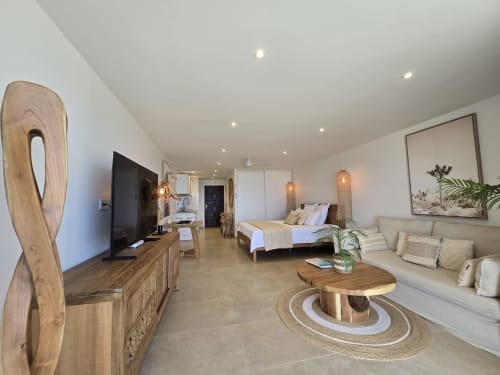 Studio moderne à Grimaud Locations avec séjour, lit, TV, mobilier en bois et balcon vue mer