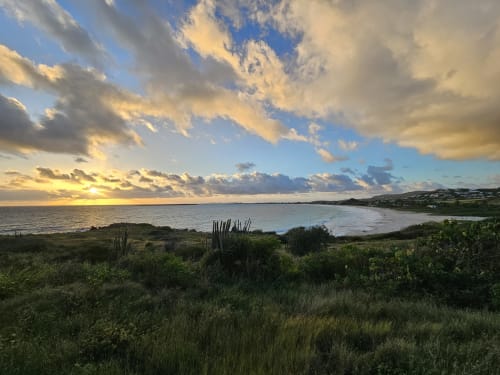 Vue au coucher de soleil sur le lagon depuis l'appartement Paradise Lagoon, Cul-de-Sac, avec végétation tropicale et eaux calmes